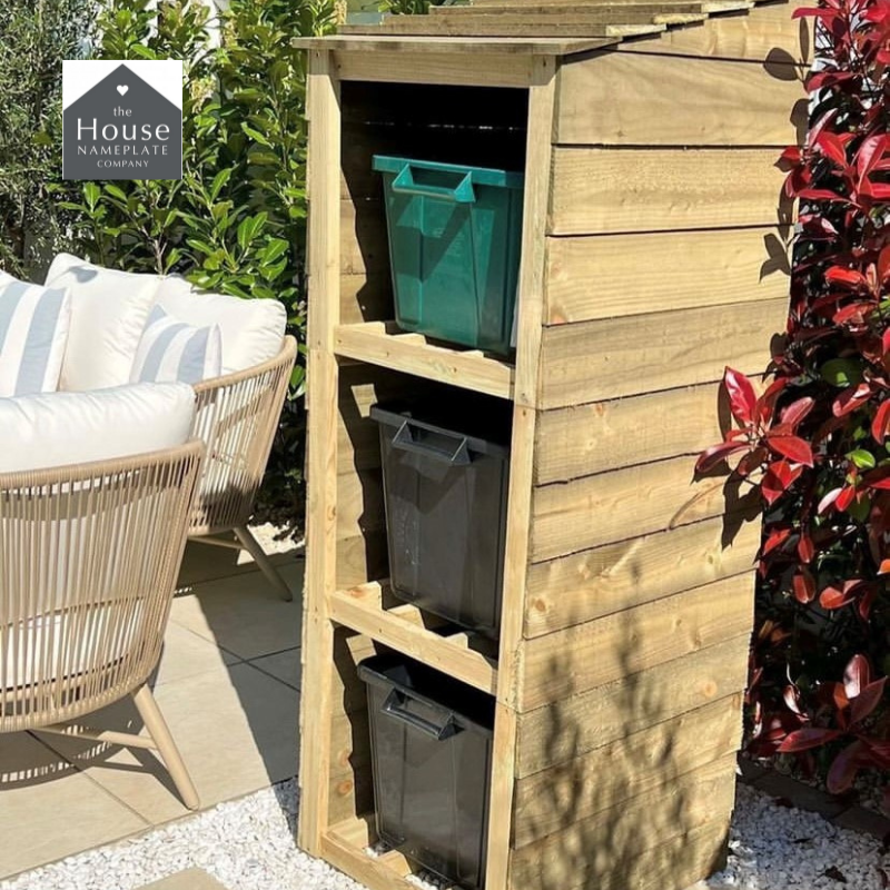 Wooden store for three recycling bins